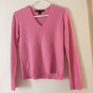 RALPH LAUREN Black Label 100% Cashmere Pink Cable Stitch V Neck Sweater M